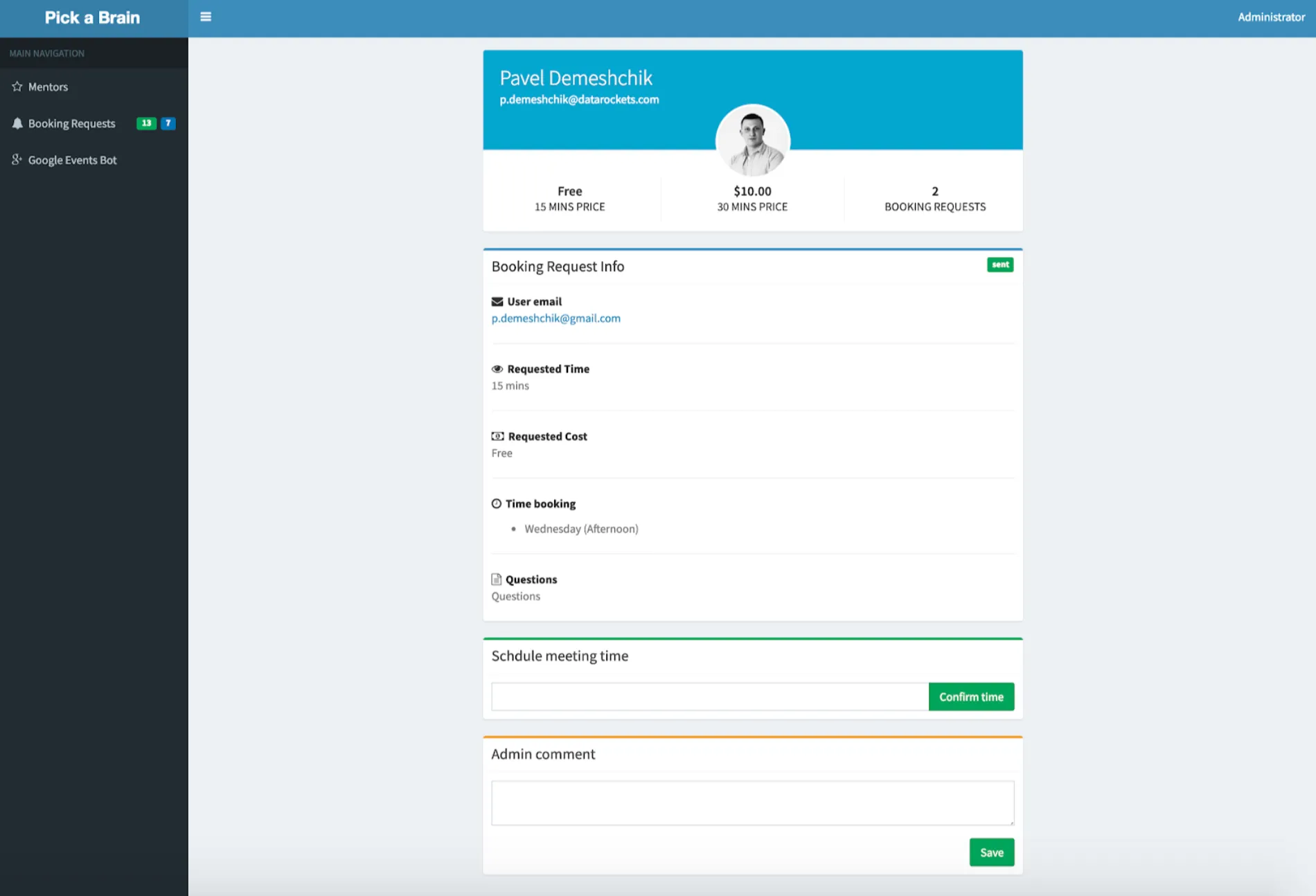 Toronto Experts admin panel dashboard showing booking request management, consultant schedules, and payment processing interface