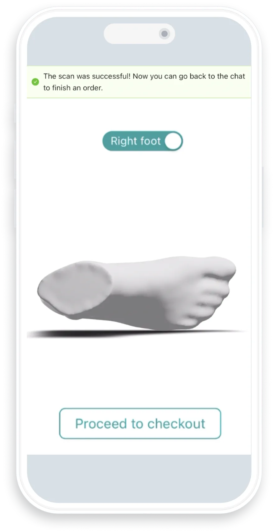 ZOLES mobile app success screen showing 'The scan was successful!' message with 3D rendered foot model for right foot and 'Proceed to checkout' button to complete order
