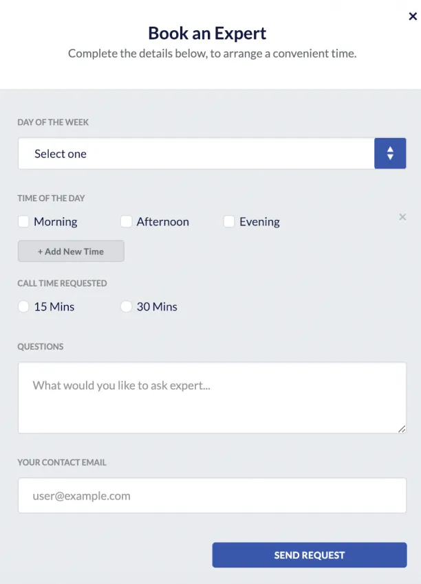 Toronto Experts booking request interface showing consultant selection form with time slots, consultation details, and booking submission