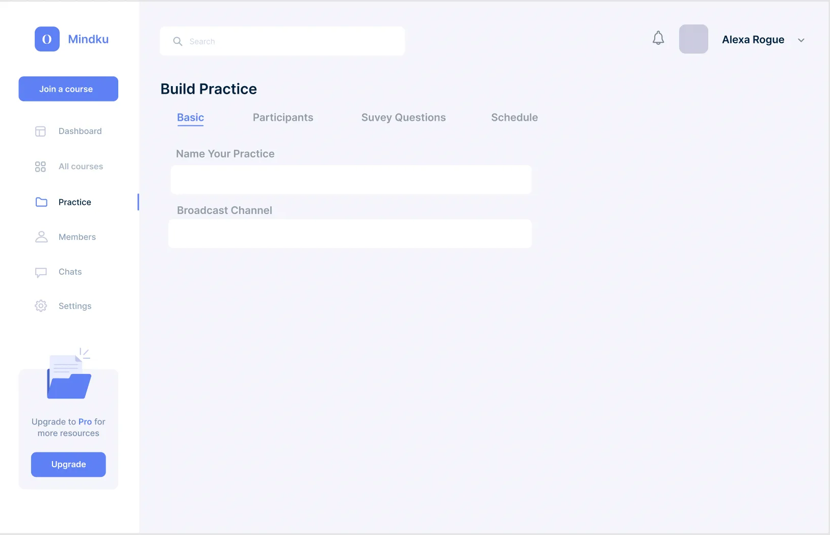 Mindku Build Practice interface showing Basic tab selected with Name Your Practice field and Broadcast Channel section, along with navigation tabs for Participants, Survey Questions, and Schedule, demonstrating the practice creation workflow in the web application