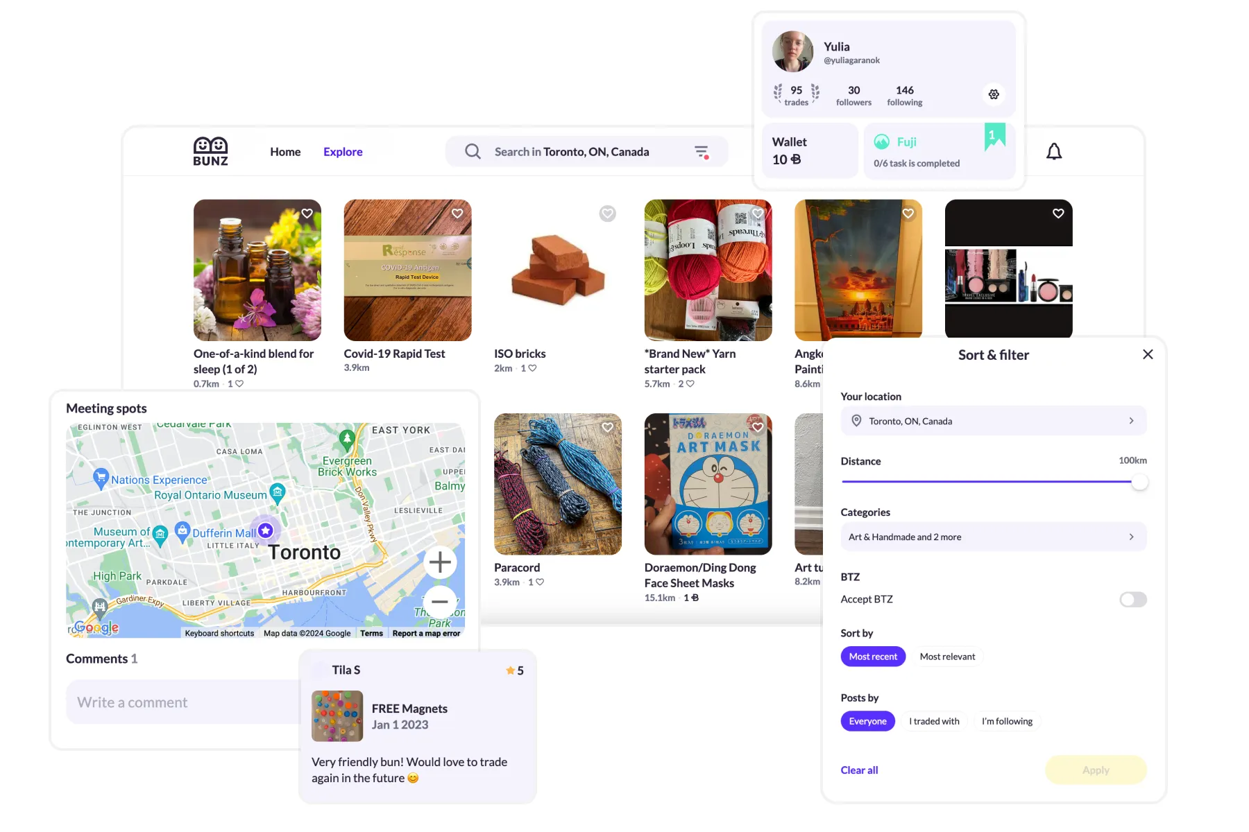 Bunz web platform showing marketplace interface with grid of tradeable items including crafts and household goods, integrated Toronto map with location pins, user wallet showing BTZ currency balance, and filtering options by categories and location