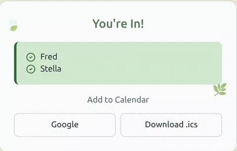 Calendar integration allowing guests to add the party to Google Calendar or download an ICS file