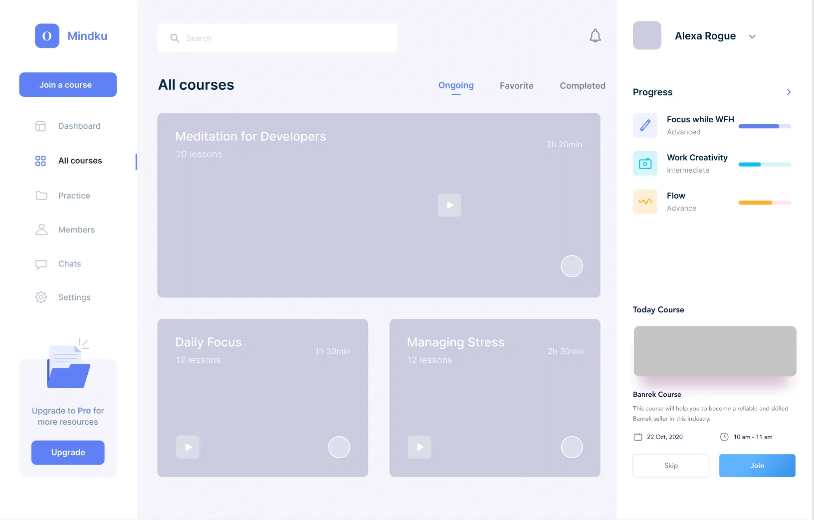 Updated Mindku web app interface showing All courses page with user Alexa Rogue logged in, featuring Meditation for Developers course (20 lessons, 2h 20min), Daily Focus course (12 lessons, 1h 30min), and Managing Stress course (12 lessons, 2h 30min), plus Progress sidebar showing Focus while WFH Advanced, Work Creativity Intermediate, and Flow Advance courses with Today Course section displaying Banrek Course details