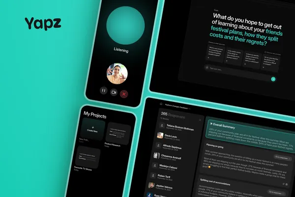 Case study cover image for Yapz.app displaying multiple interface screens including AI-powered voice interview calling interface, project management dashboard, and detailed response analysis panels