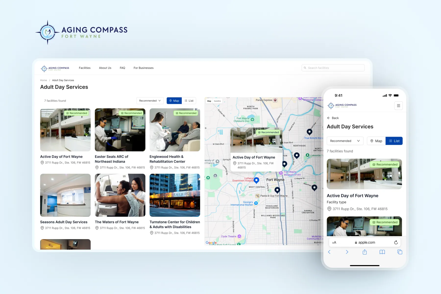 Aging Compass website homepage showing senior care directory interface
