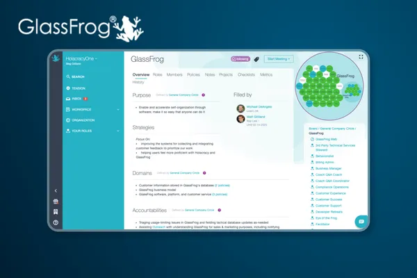 Glassfrog case study cover showing the Holacracy organization governance platform interface