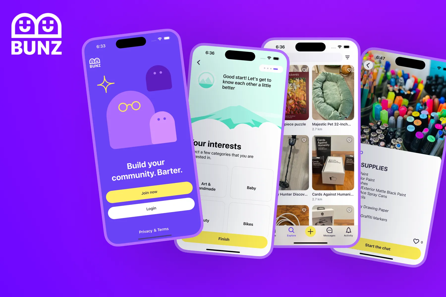 Bunz app showcase featuring three mobile screens - welcome screen with 'Build your community. Barter' message on purple background, onboarding screen for selecting interests, and main marketplace feed showing various items for trade with integrated map view