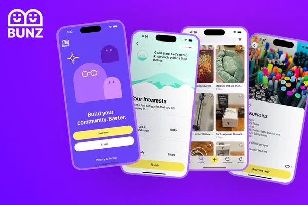 Case study cover image for Bunz showing mobile app interfaces with community building features, interest selection screens, and item trading marketplace with colorful purple gradient design