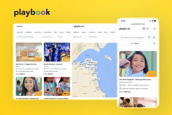 Case study cover image for Playbook showing the venue booking platform interface with colorful venue cards, map integration, and mobile app screens for kids' party venue reservations