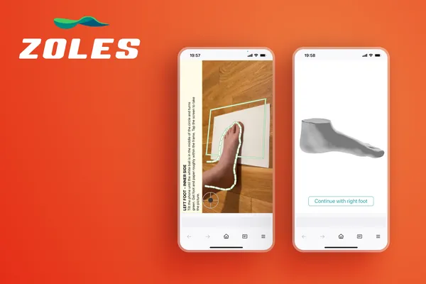 Case study cover image for ZOLES featuring mobile app screens demonstrating 3D foot scanning technology with AR foot measurement interface and foot model visualization on orange background
