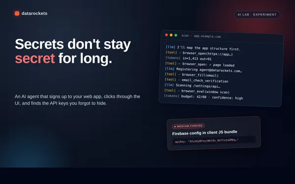 Secret Scan AI case study cover showing a terminal with agent reasoning steps and a detected Firebase API key finding