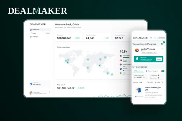 Case study cover image for DealMaker showing the financial platform dashboard with transaction analytics, shareholder management interface, and company portfolio views on dark green background