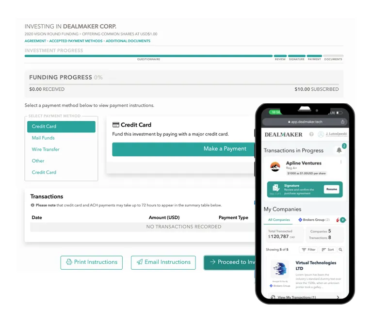 DealMaker platform interface showing mobile and web applications for capital raising
