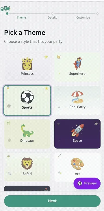 OttoInvites full product demo showing party creation, theme selection, and invite sharing flow