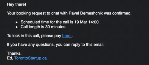 Toronto Experts email notification template showing booking confirmation with payment link and consultation details for entrepreneurs