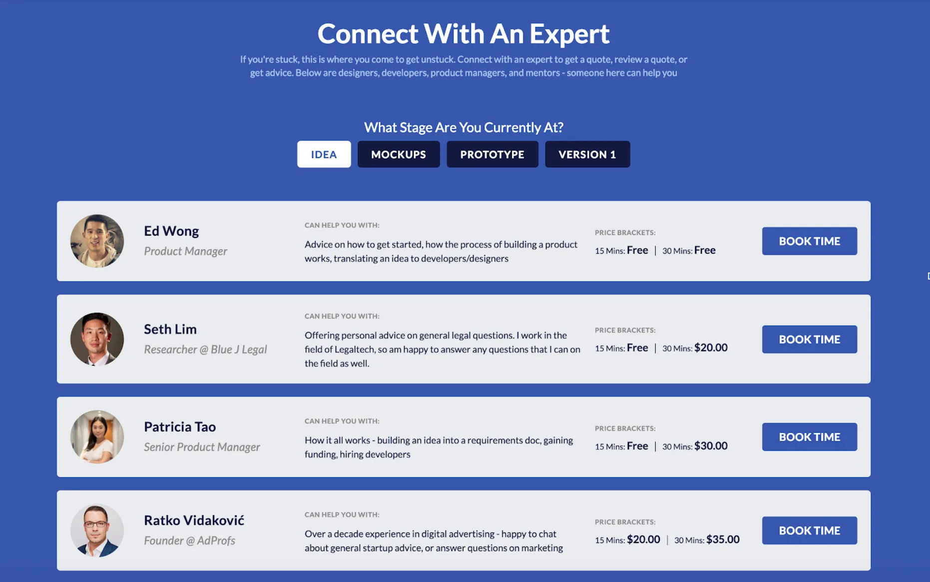 Toronto Experts platform expert selection interface showing startup stages visualization from idea to MVP with consultant profiles and pricing