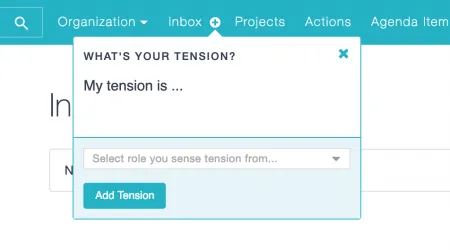 Glassfrog create tensions interface showing the new inbox feature for capturing organizational tensions before processing