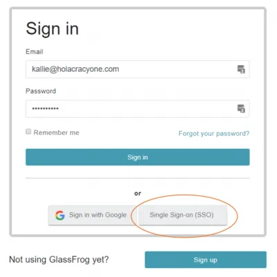 Glassfrog SAML authentication sign-in interface with single sign-on integration for enterprise customers