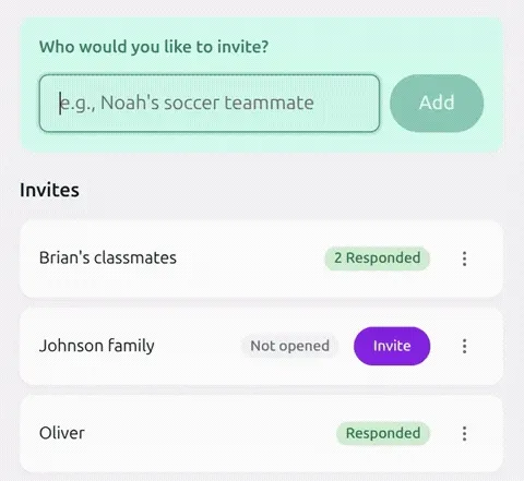 Invite management interface showing guest list with RSVP status tracking