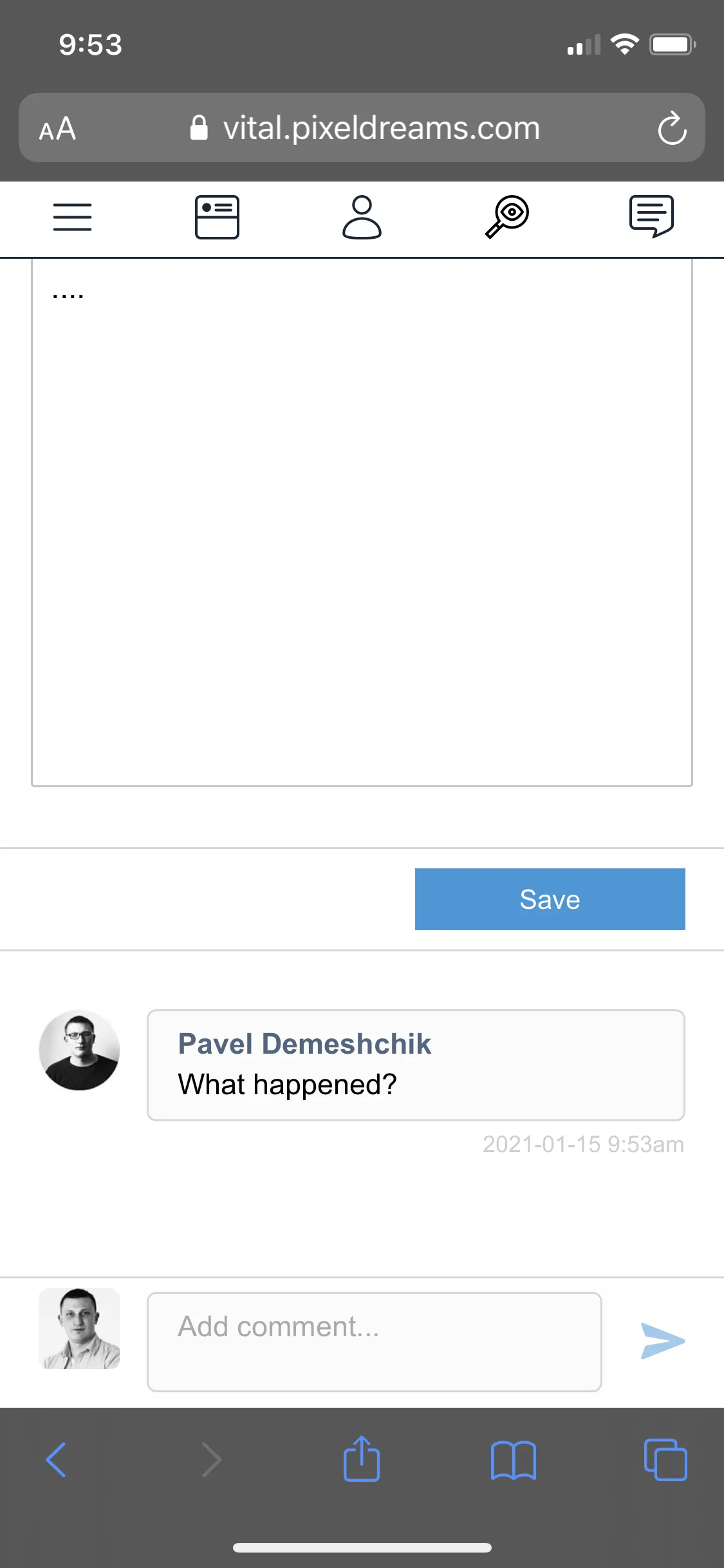 VITAL mobile app dashboard showing daily data entry forms and tracking interface