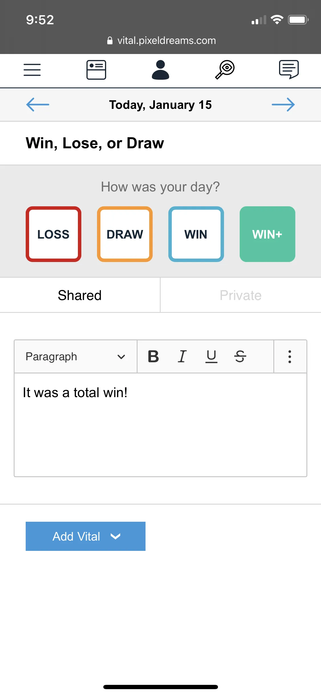 VITAL mobile app social feed displaying team member activities and commenting features
