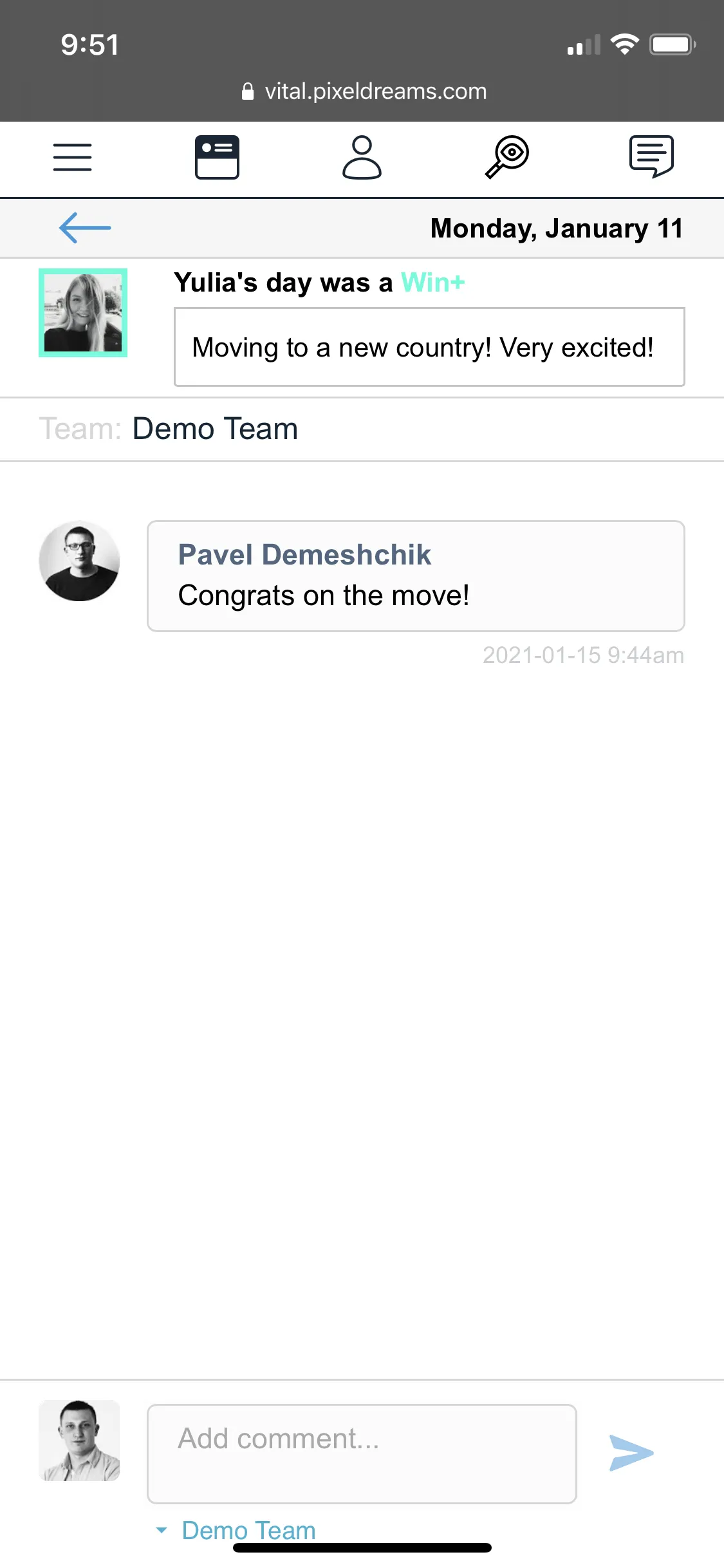 VITAL mobile app notification center with comment alerts and team interaction updates