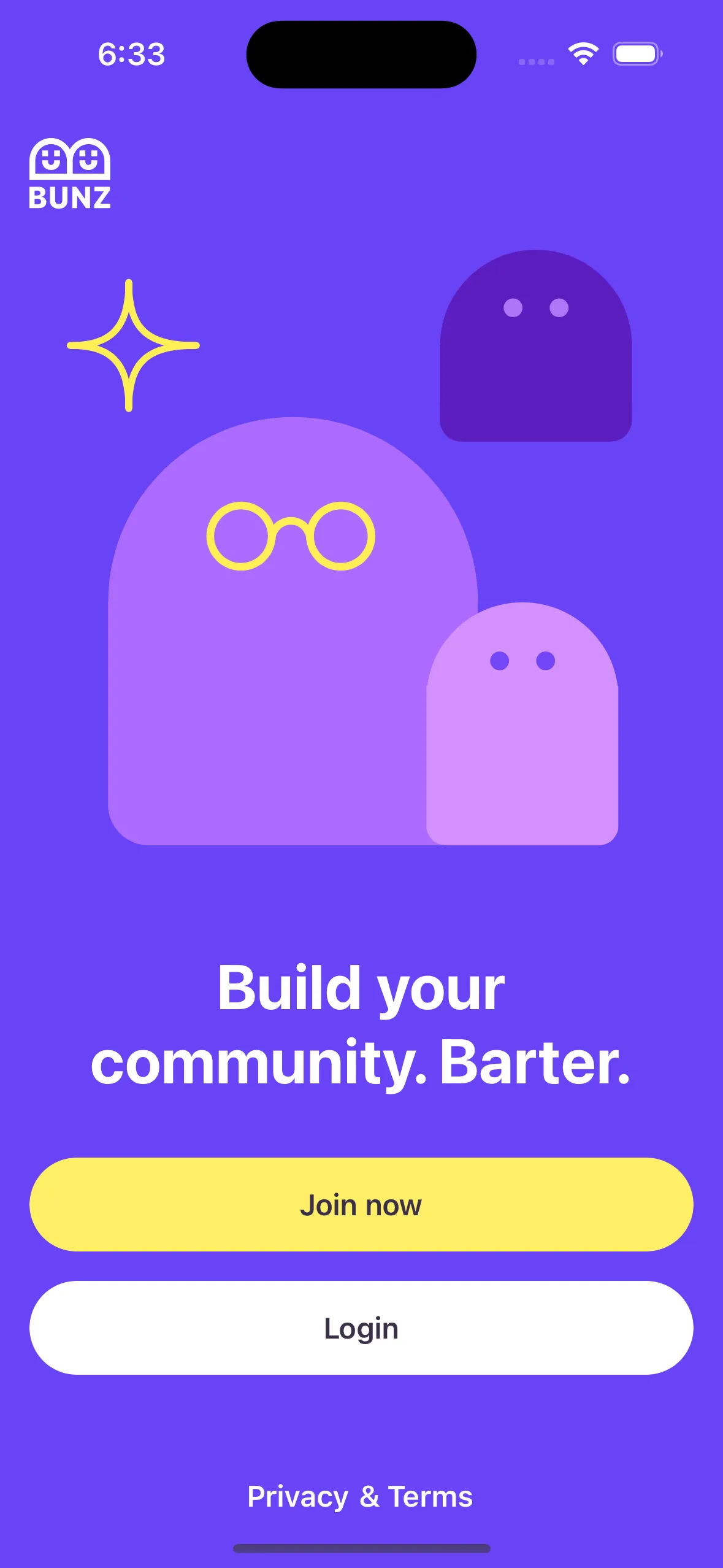 Bunz mobile welcome screen featuring purple gradient background with friendly ghost characters, 'Build your community. Barter.' tagline, and prominent 'Join now' and 'Login' buttons