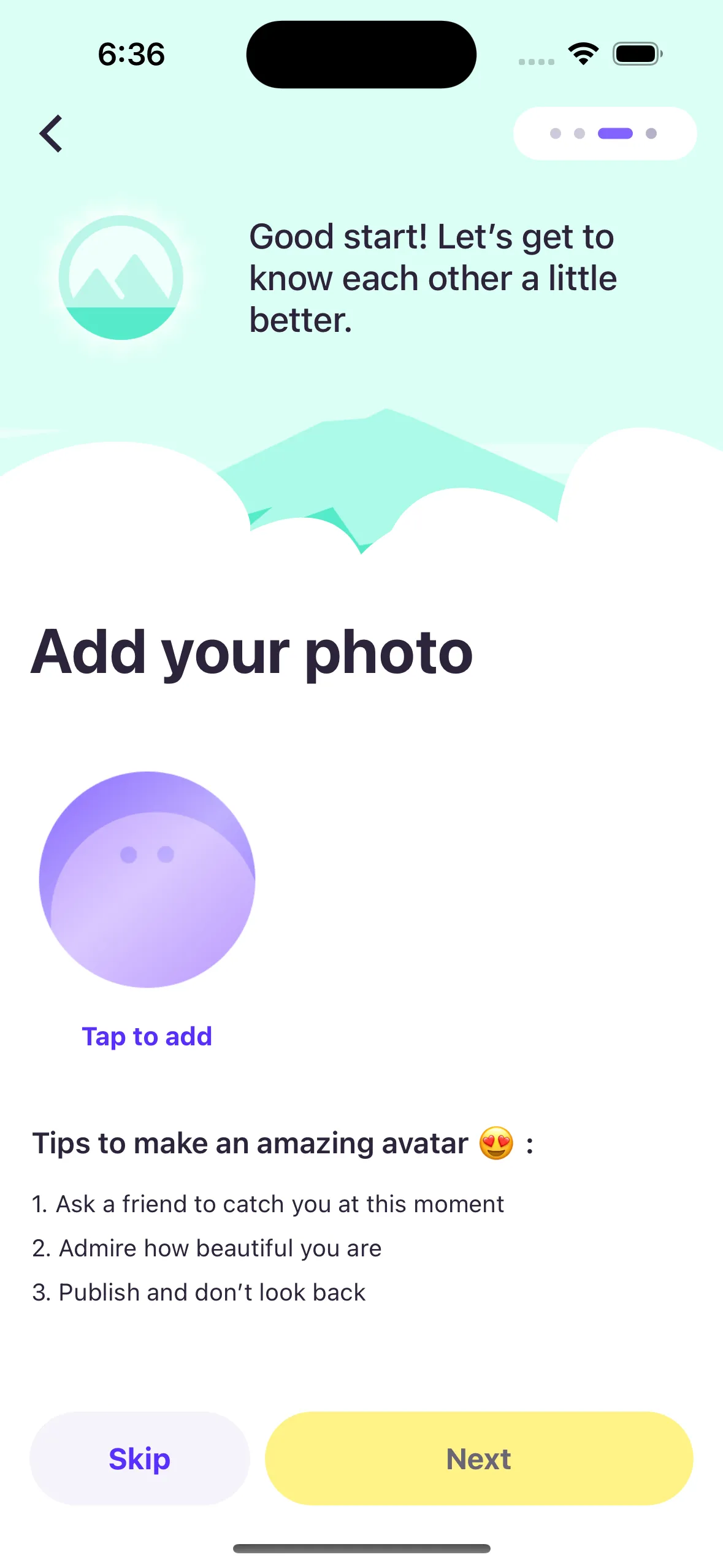 Bunz onboarding screen with mint green background showing profile setup with 'Add your photo' prompt, avatar tips including 'Ask a friend to catch you at this moment' and 'Admire how beautiful you are', with Skip and Next buttons
