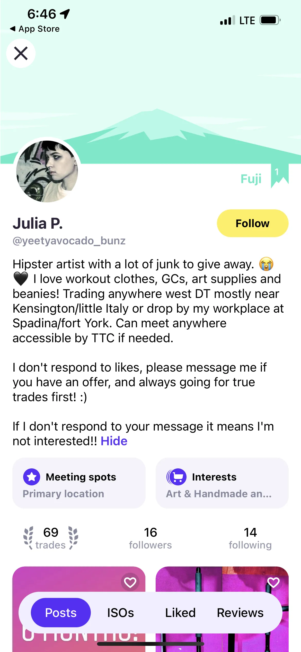 Bunz user profile for Julia P. showing 'Hipster artist with a lot of junk to give away' bio, trading statistics (69 trades, 16 followers, 14 following), meeting spots and interests sections, with Follow button and trade interaction options