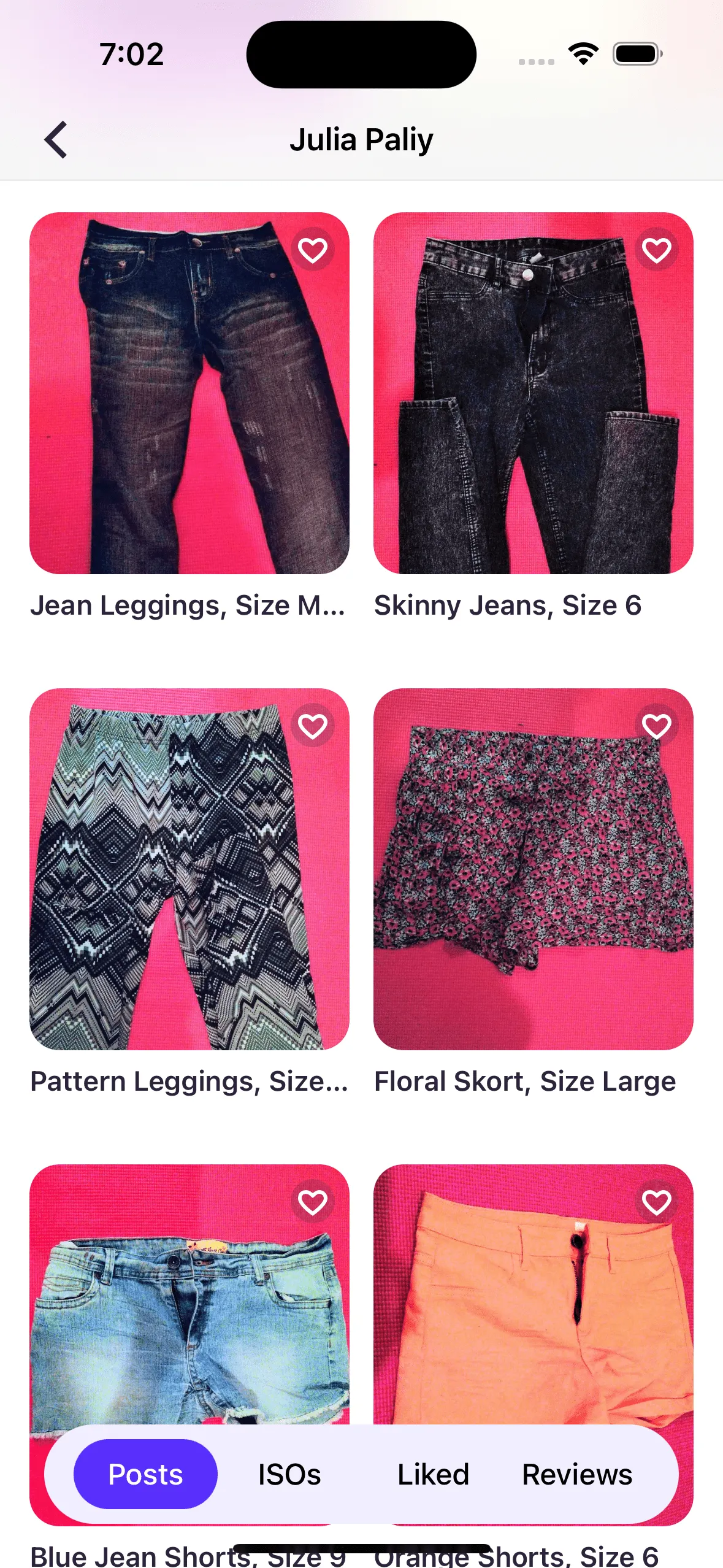 Bunz user's posted items grid showing clothing collection including jean leggings, skinny jeans, pattern leggings, floral skort, blue jean shorts, and orange shorts, with heart icons for liking items and navigation tabs for Posts, ISOs, Liked, and Reviews