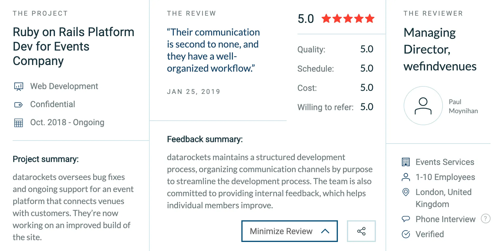 Paul's positive review on Clutch platform praising datarockets team collaboration and development approach for WeFindVenues project