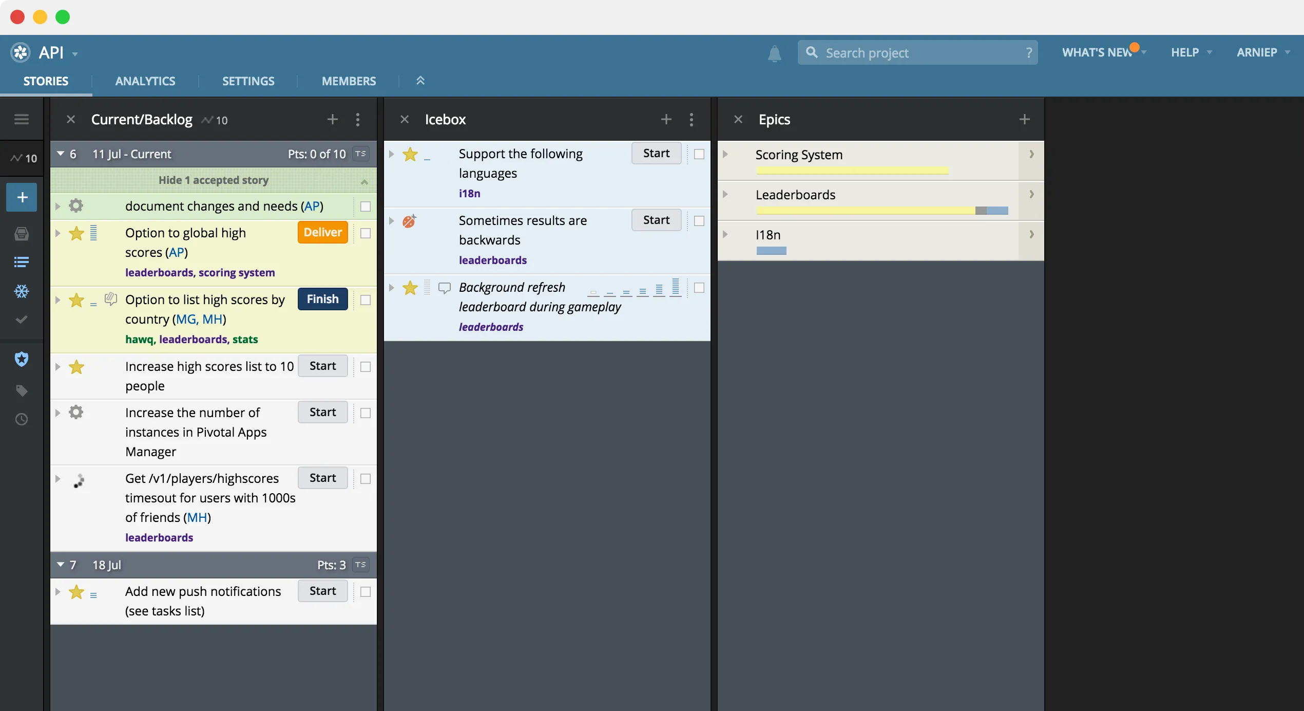 Screenshot of Pivotal Tracker project board
