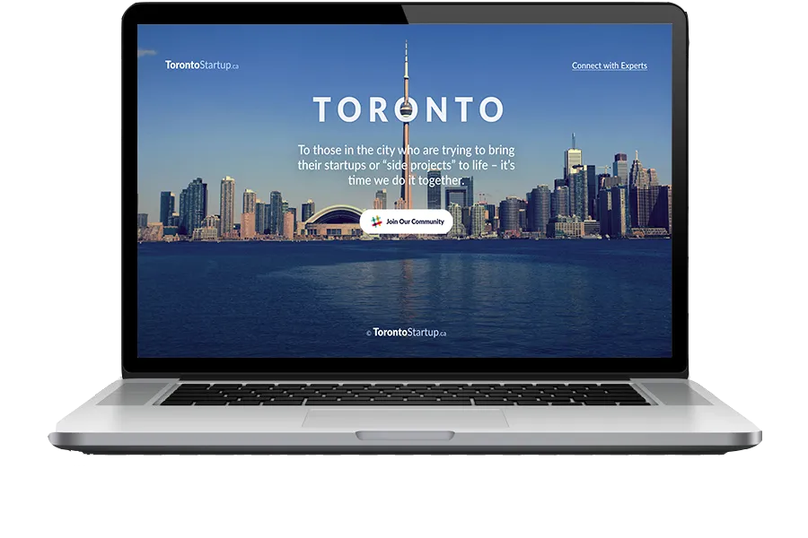 Toronto Experts platform interface displayed on laptop showing expert listings, consultation booking system, and startup stage visualization