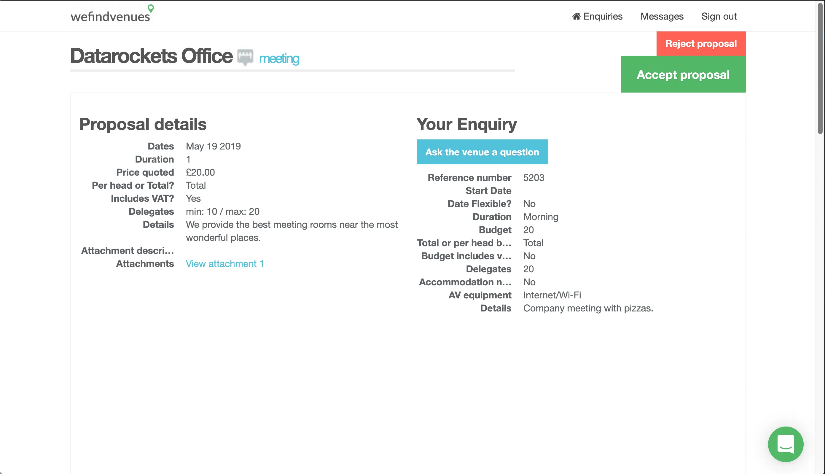 Original WeFindVenues proposal page from event manager view showing outdated interface with limited information and complex navigation