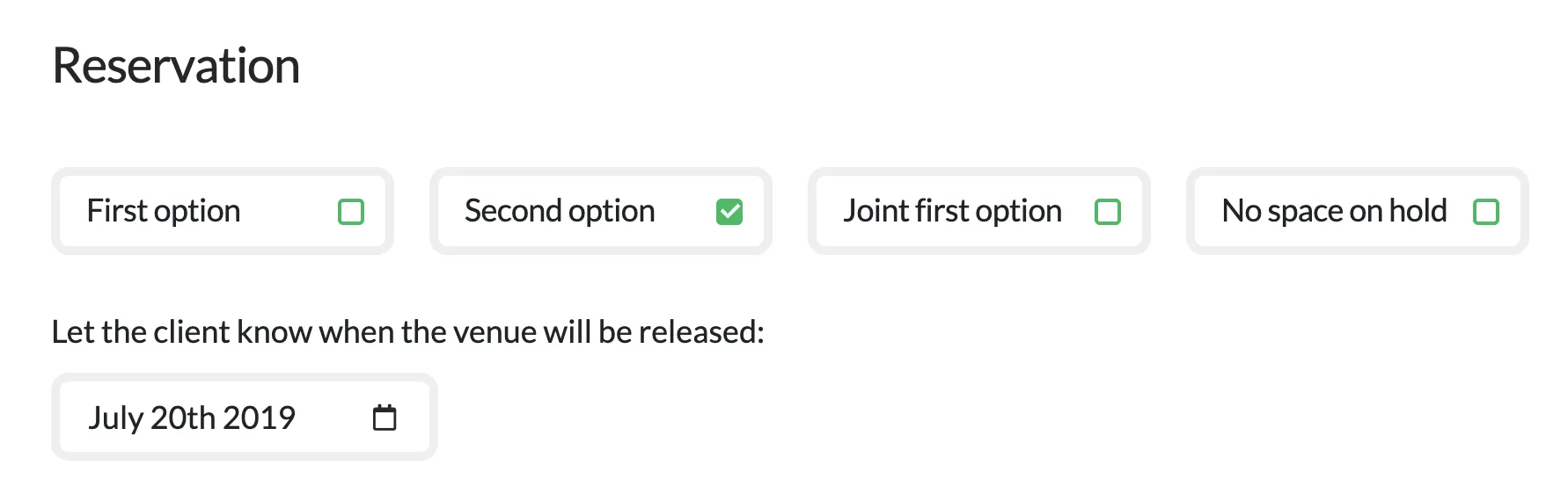 Final implemented venue reservation interface with enhanced user experience, clearer booking options, and streamlined event management workflow