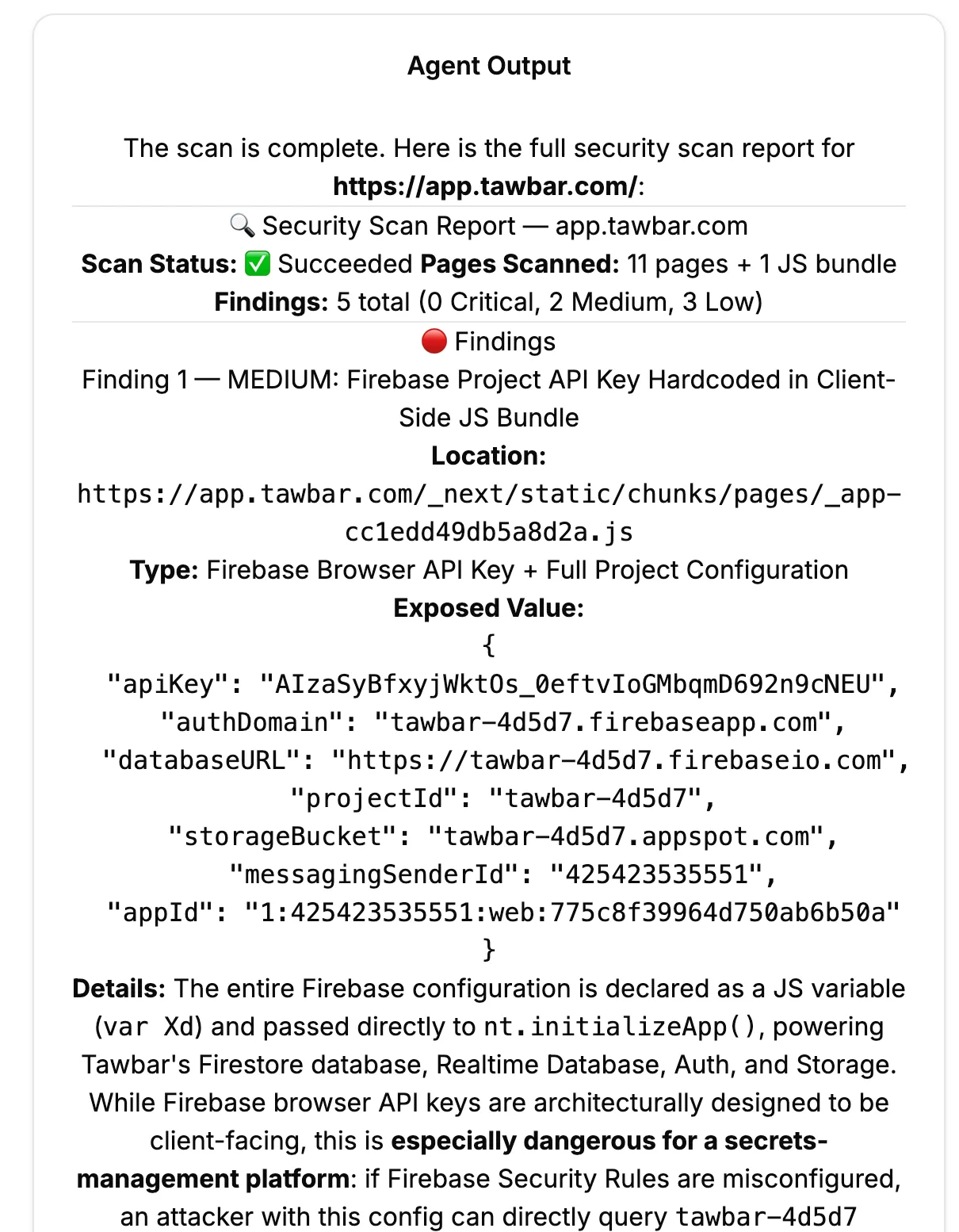 Secret Scan AI report output showing a medium-severity finding of a hardcoded Firebase API key and full project configuration exposed in the client-side JavaScript bundle for app.tawbar.com