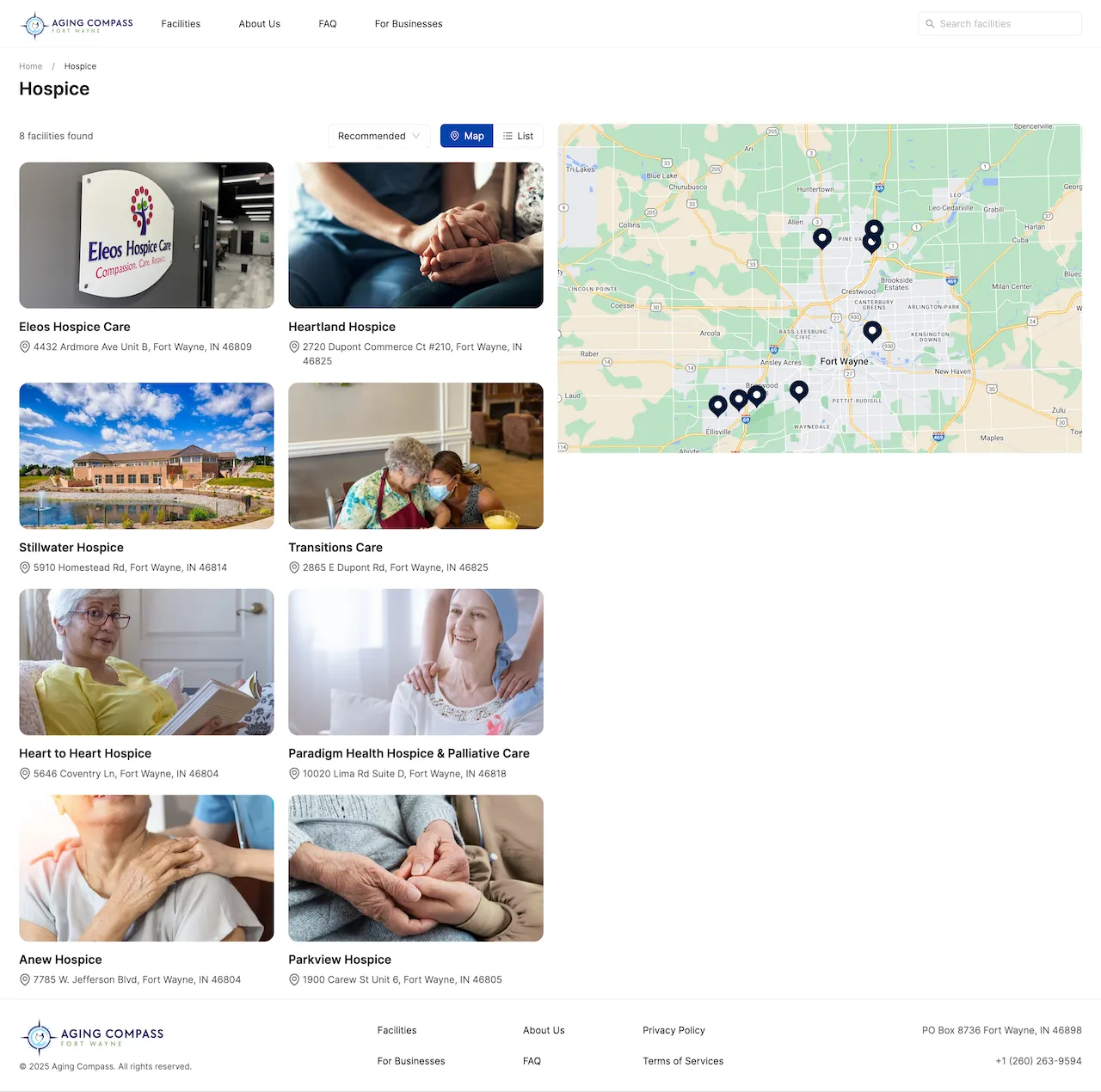 Aging Compass hospice care provider listing page showing 6 facilities found with map view and list view options, displaying provider cards with photos and basic information for Eleos Hospice Care, Heartland Hospice, Stillwater Hospice, Transitions Care, Heart to Heart Hospice, and Paradigm Health Hospice & Palliative Care, alongside an interactive map showing provider locations in Fort Wayne area