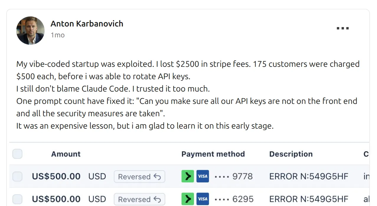 Social media post from a vibe-coded startup founder describing how an exposed Stripe API key let attackers charge 175 customers $500 each, resulting in $2,500 in fees before keys could be rotated
