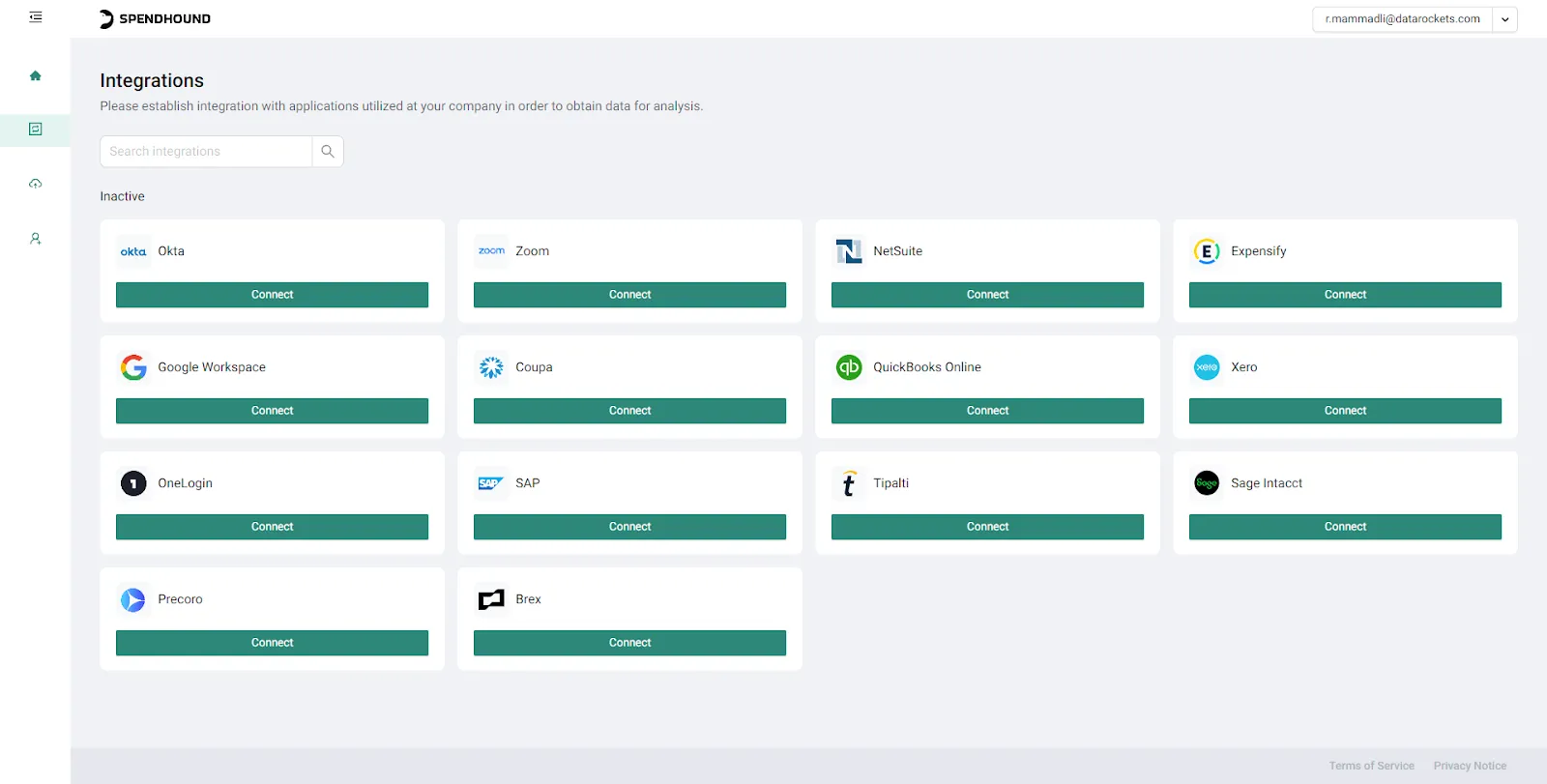 SpendHound integrations interface showing connected ERP and spend management systems