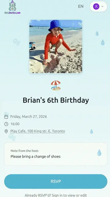 OttoInvites themed party invitation with beach party design, showing child's photo, party details, and RSVP button