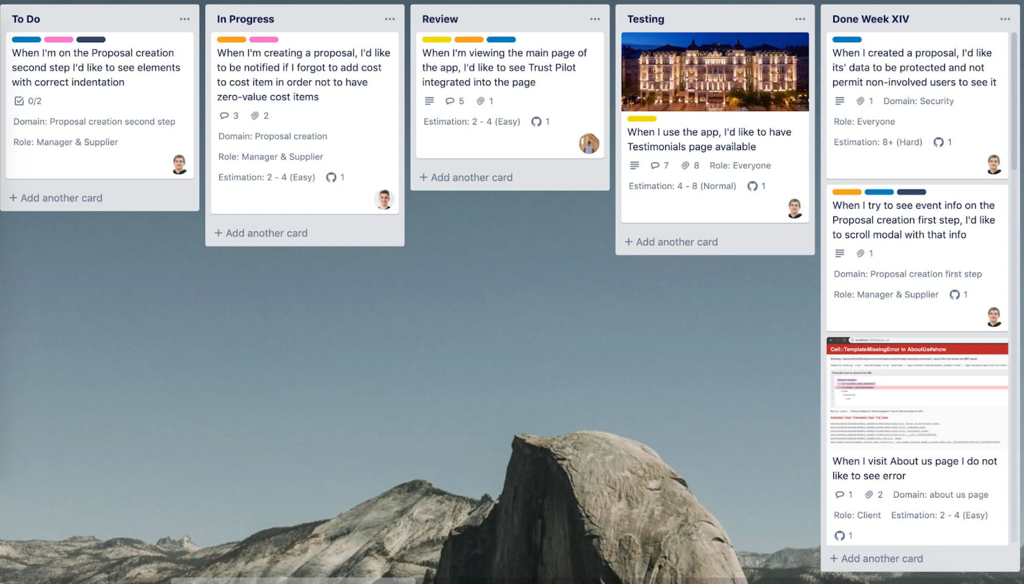 WeFindVenues project management Trello board showing development workflow, task organization, and progress tracking for platform modernization