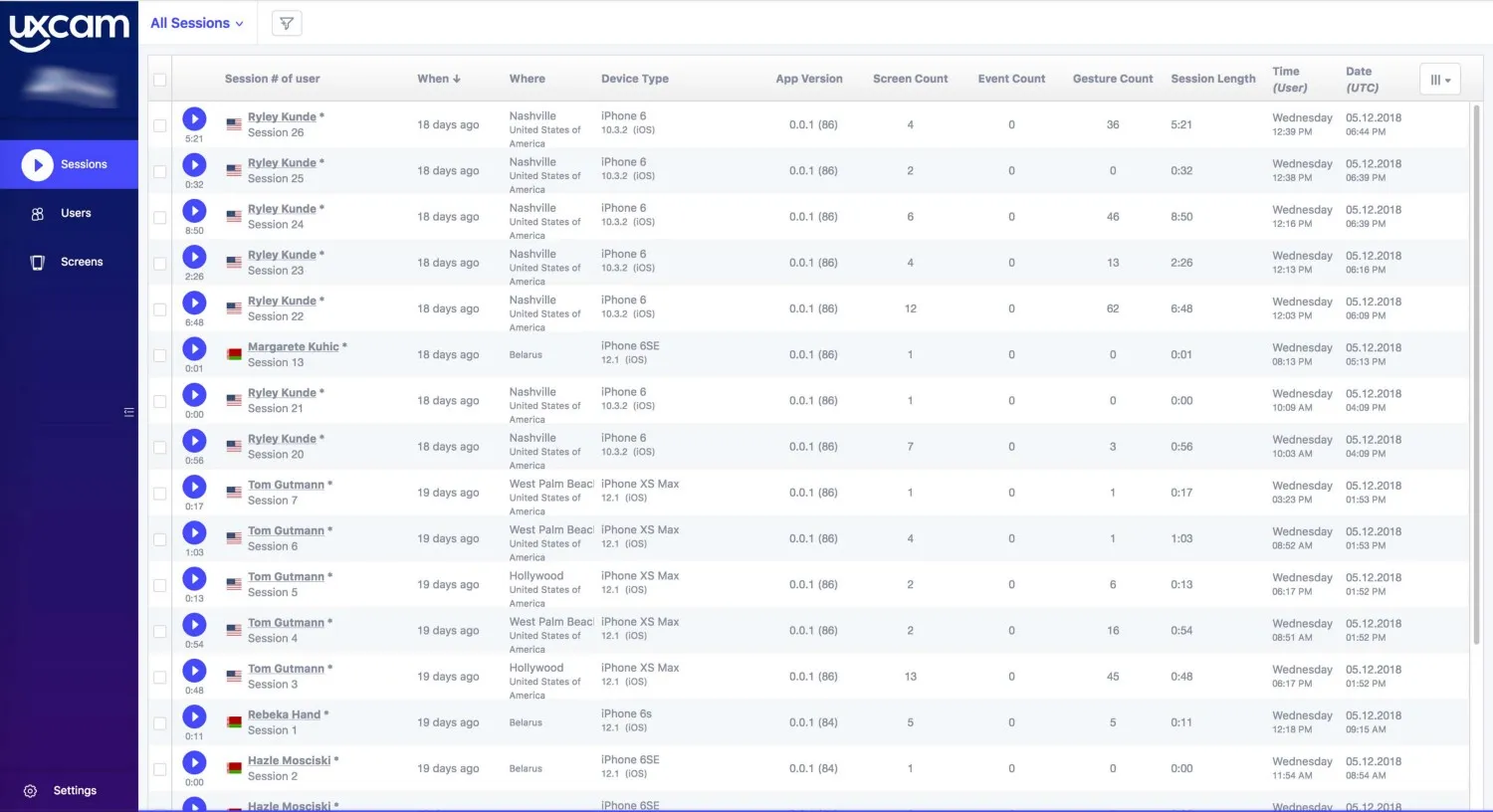 UXCam dashboard which demonstrates user sessions and gives the ability to watch a video of any session