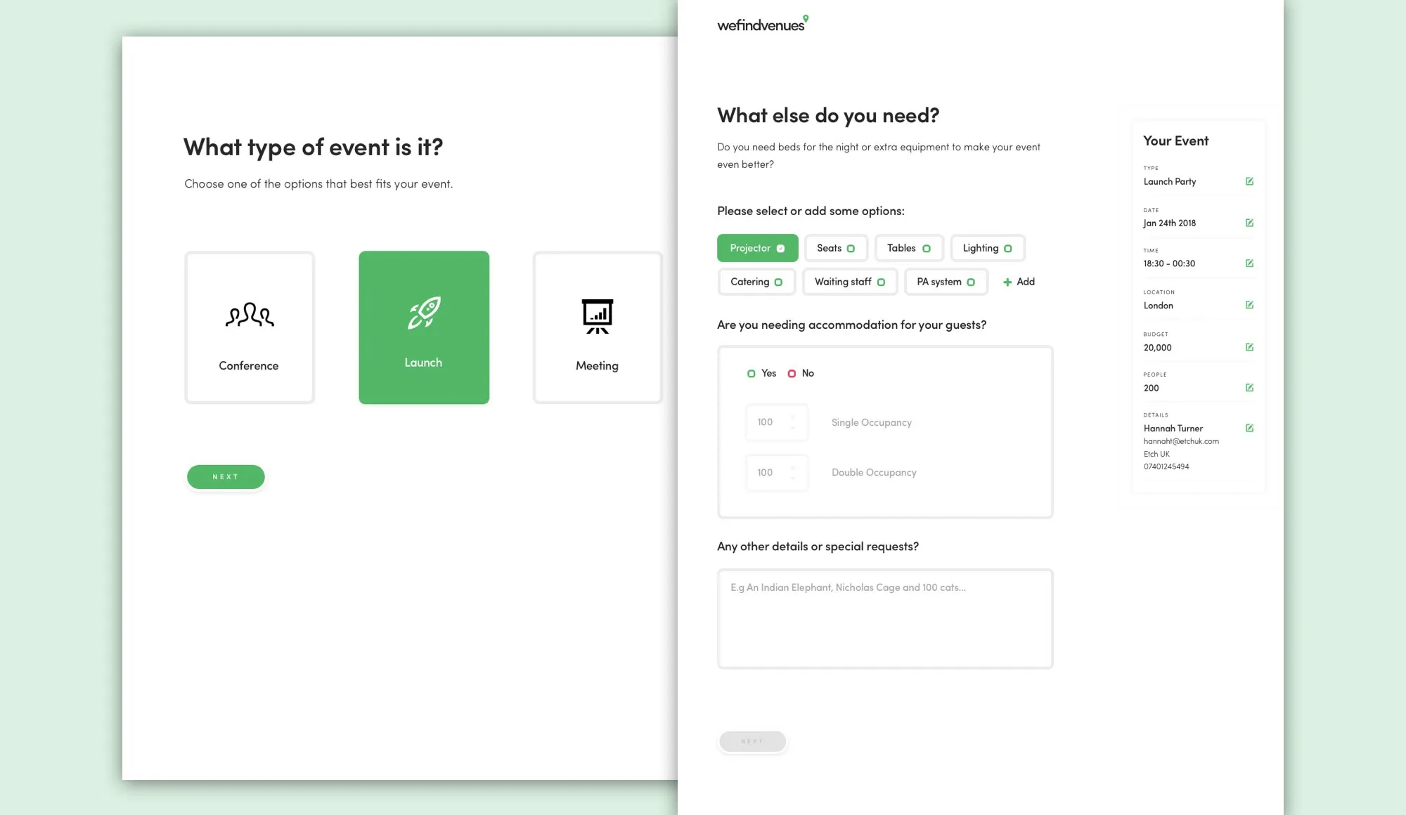 Updated WeFindVenues proposal design interface showing improved business logic implementation and enhanced user experience after bug fixes